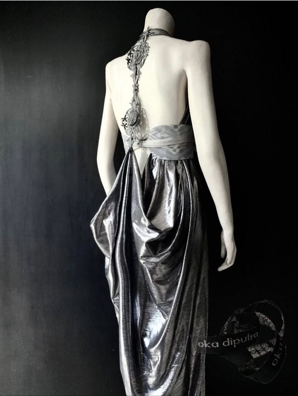 Metallic Silver Evening Gown with Embellished Back